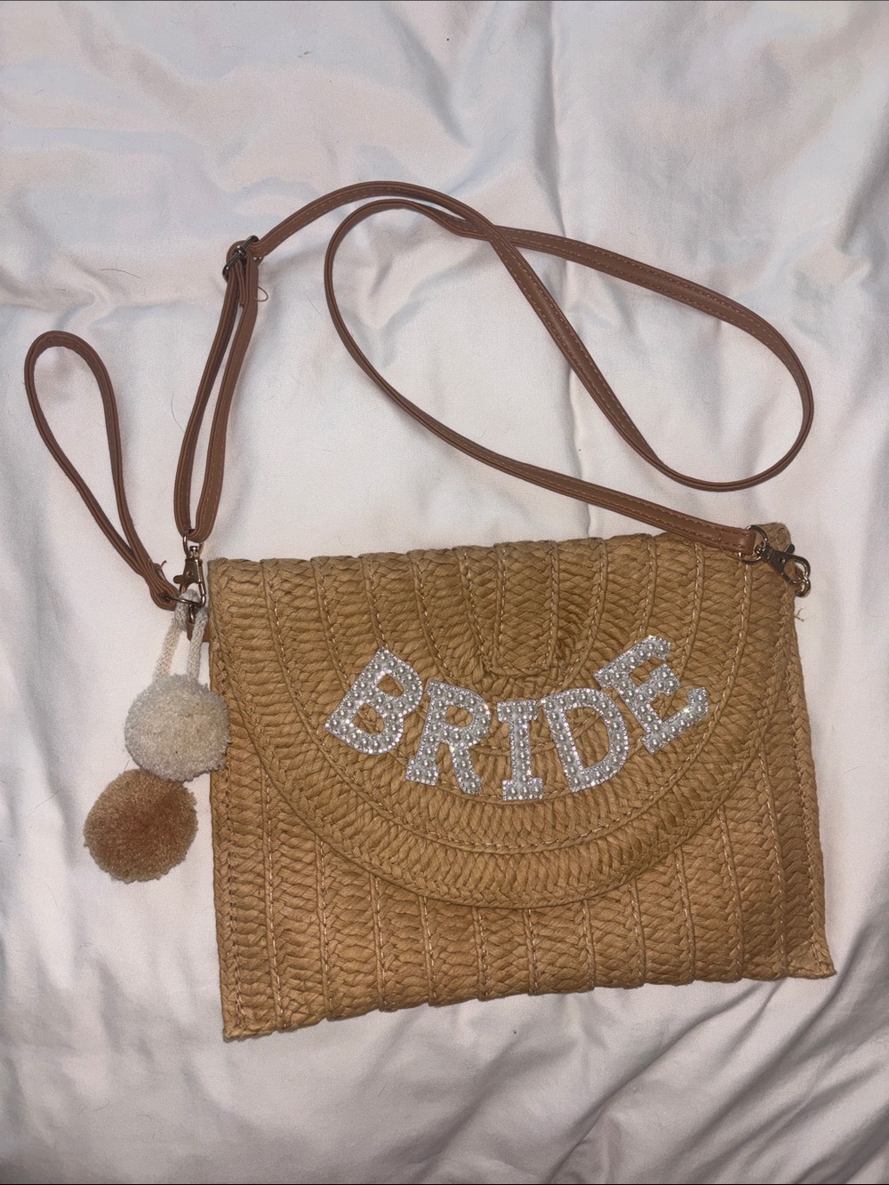 BRIDE Raffia Bag with Wristlet and Adjustable Long Strap and Pom Pom Detail I